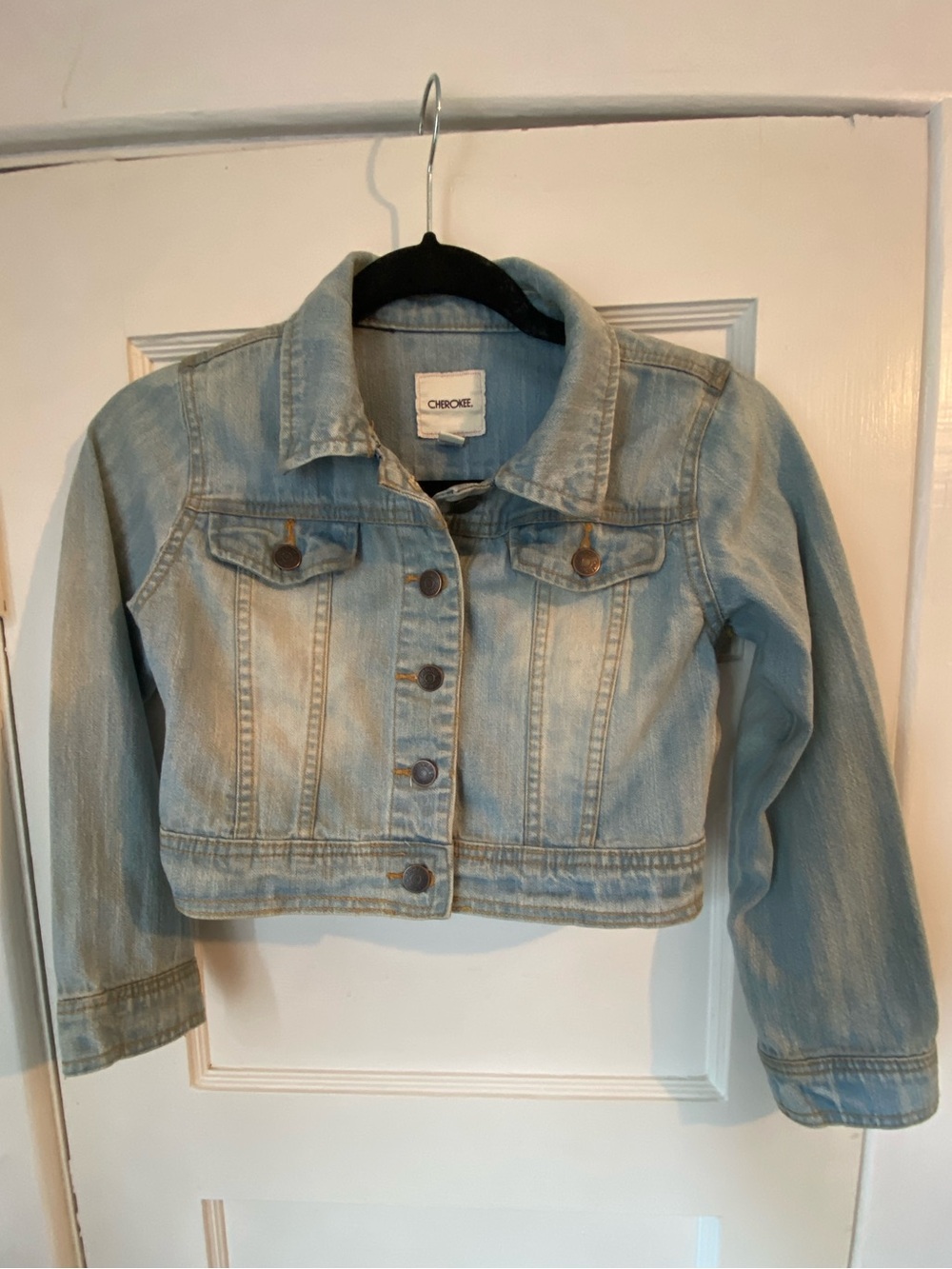 6💥🛍HP! 🛍 Cherokee Girls Crop Faded Jean Denim Jacket Light Wash Size 6